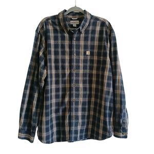 Carhartt Button Down Shirt Men's XL Blue And Tan Plaid 100% Cotton Relaxed Fit